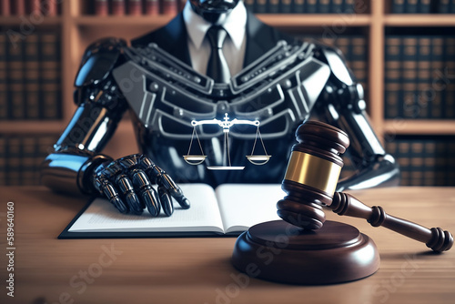 AI related law concept shown by robot hand using lawyer working tools in lawyers office with legal astute icons depicting artificial intelligence law . GEnerative IA