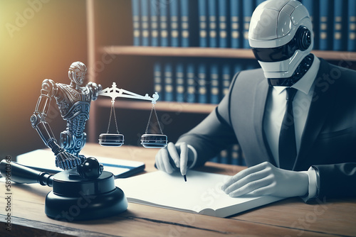 Wallpaper Mural AI related law concept shown by robot hand using lawyer working tools in lawyers office with legal astute icons depicting artificial intelligence law . GEnerative IA Torontodigital.ca