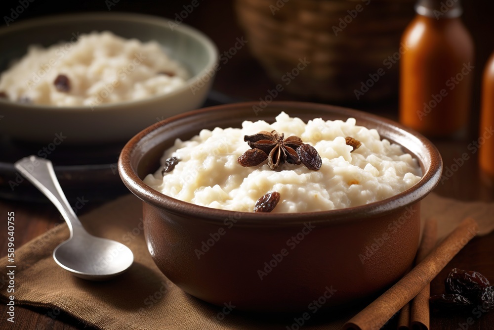Close up shot of rice pudding garnished with anise and raisin. gourmet food photography. Generative AI Close up shot of rice pudding garnished with anise and raisin. gourmet food photography. Generative AI
