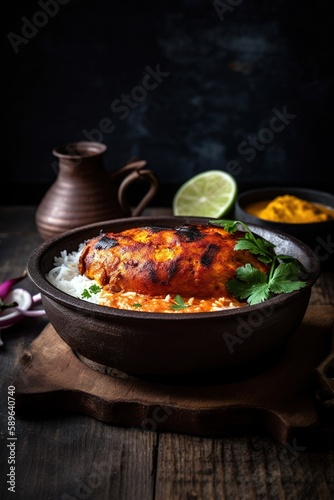 Chicken breast marinated with spices over white rice, a traditional Indian tandoori dish. Generative AI Vertical shot