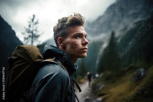 Head shot of young man hiking in the mountain. Generative AI