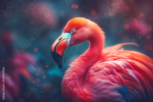 Pink flamingo on exotic tropical floral background. Generative AI illustration