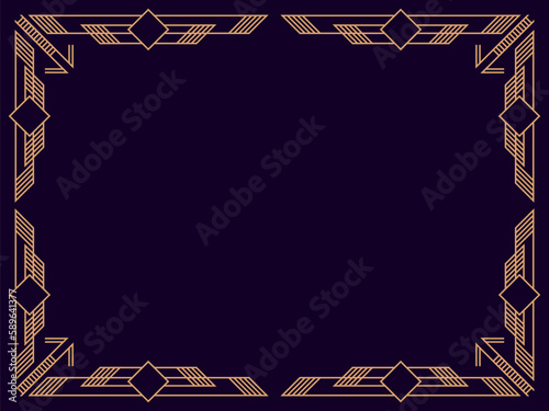 Art deco frame. Vintage linear border. Design a template for invitations, leaflets and greeting cards. Geometric golden frame. The style of the 1920s - 1930s. Vector illustration