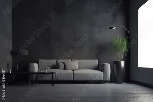 Minimalist living room design with dark textured wall and empty space, Generative AI