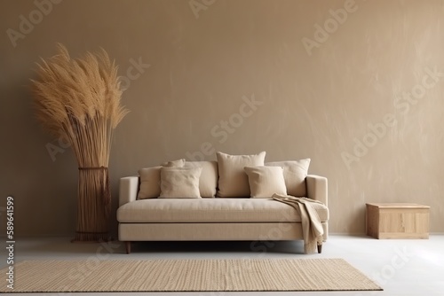 A living room interior mockup featuring a low sofa, jute rug, and dried grass decoration against a warm neutral wall background in the wabi-sabi style, Generative AI photo