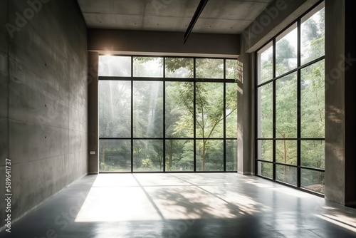 A minimalist loft interior that showcases a breathtaking view of nature, with polished concrete flooring and walls, a black steel frame, and expansive windows that let in abundant sunli, Generative AI