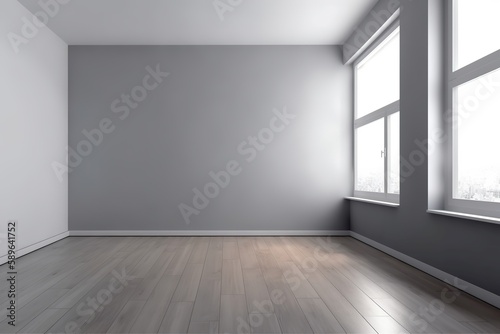 A minimalistic room with gray walls and wooden floor  Generative AI