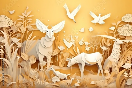 World Wildlife Day with the animals  Paper art and digital craft style. Generative AI
