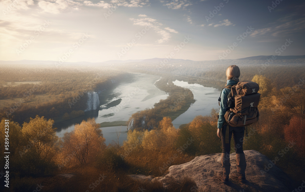 Fototapeta premium Woman with a backpack on the edge of a cliff overlooking the river. Generative AI