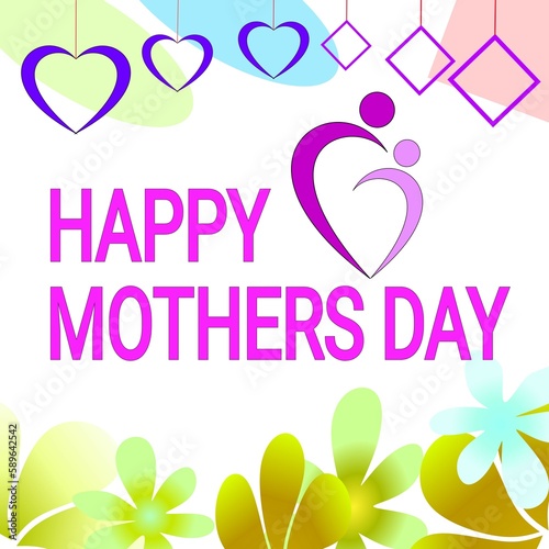 Mother s day greeting card.  banner with mom and baby icon. Symbols of love on white background