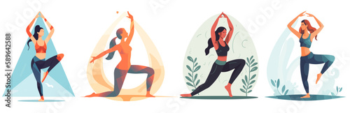 Set of Yoga girl pose, 2d flat color, vector illustration