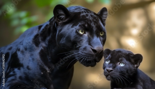 Jaguar mother and baby cub close up. Mother s love  mothers day. Generative AI