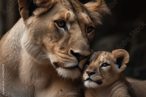 Lion mother and baby cub close up. Mother's love, mothers day. Generative AI