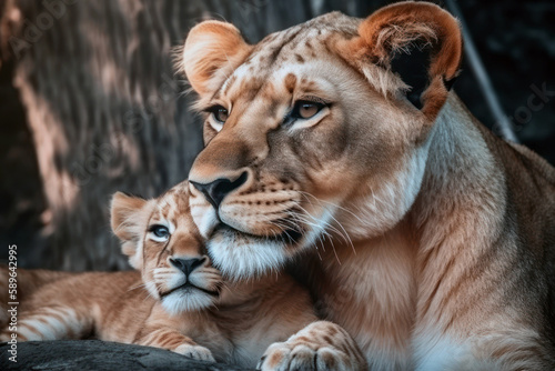 Lion mother and baby cub close up. Mother s love  mothers day. Generative AI