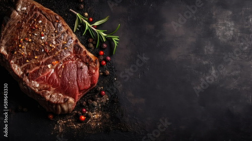 Steak on a dark wooden base with spices. Ai generated illustration