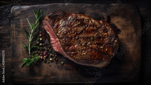 Steak on a dark wooden base with spices. Ai generated illustration