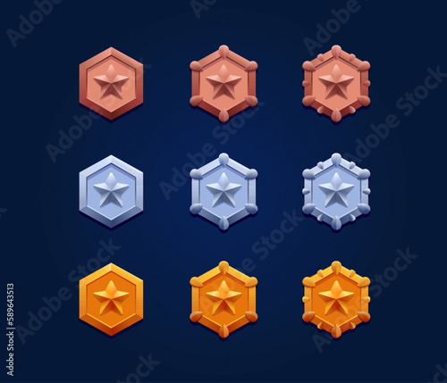 Metallic stars badges set. Bronze, silver and gold. Perfect for games achievements.