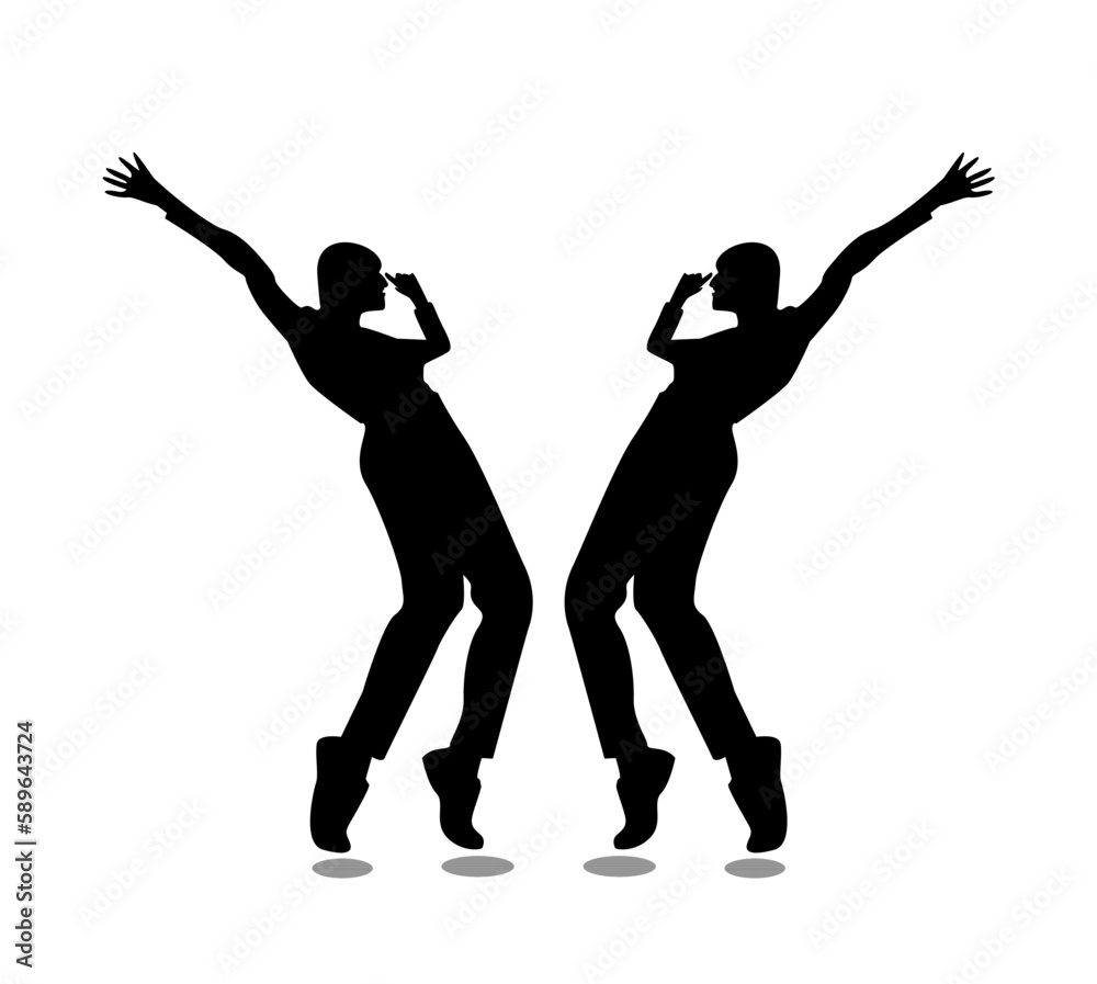 silhouette of a funny dance of two people in black color isolated on white background
