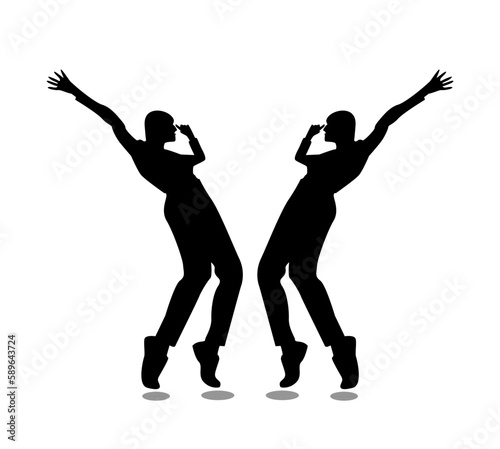 silhouette of a funny dance of two people in black color isolated on white background