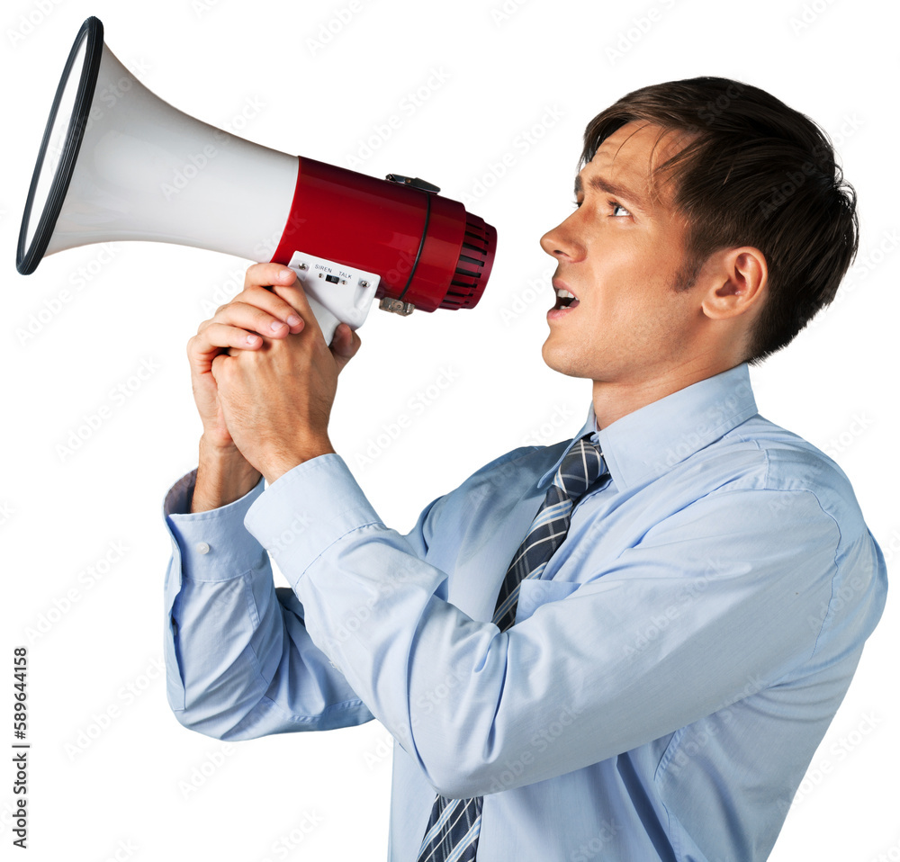Young handsome business man holding megaphone Young handsome business man holding megaphone