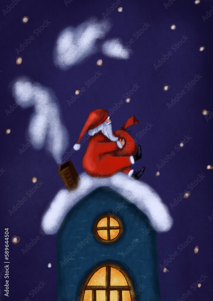 Santa is sitting on the house. New Year card, simple illustration for the holidays. Santa with gifts next to the pipe. Funny picture, Christmas night.
