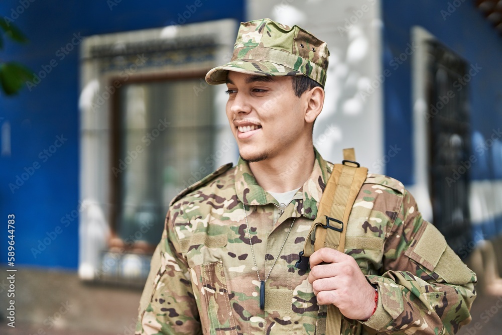 Young man army soldier smiling confident standing at street Young man army soldier smiling confident standing at street