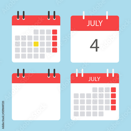 Four different calendar icons. July calendar. Calendar to tear off every day. Vector illustration in flat style. Isolated on a light blue background.