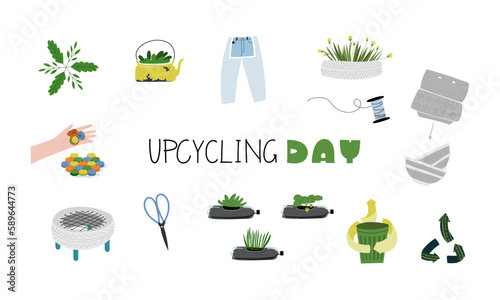 Waste recycling banner with ideas of garbage recycle. Set of objects for stickers, icons, illustrations on web or print.