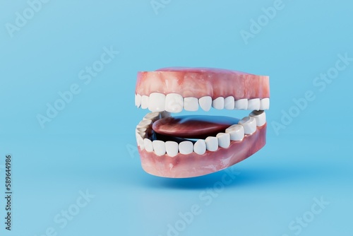 a model of jaws with white straight teeth on a blue background. 3D render