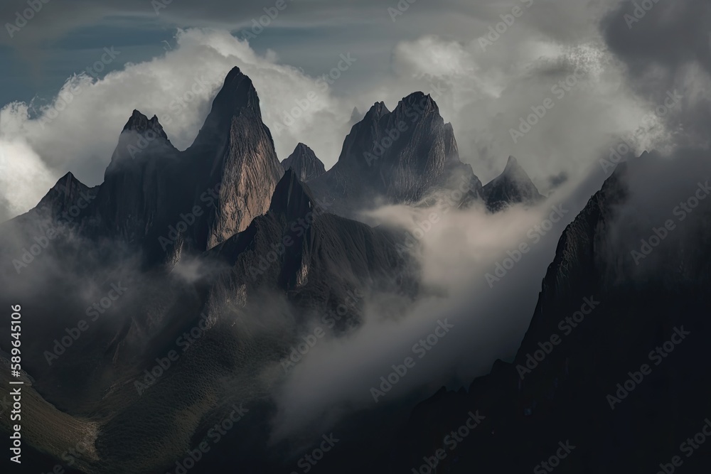 The towering mountain peaks seemed to touch the clouds in this surreal land. Generative AI