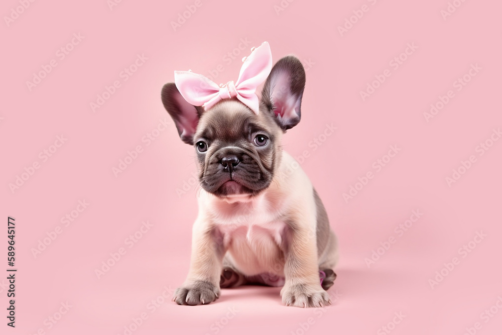 French Bulldog dog puppy with easter bunny ears ribbon. Generative AI illustration