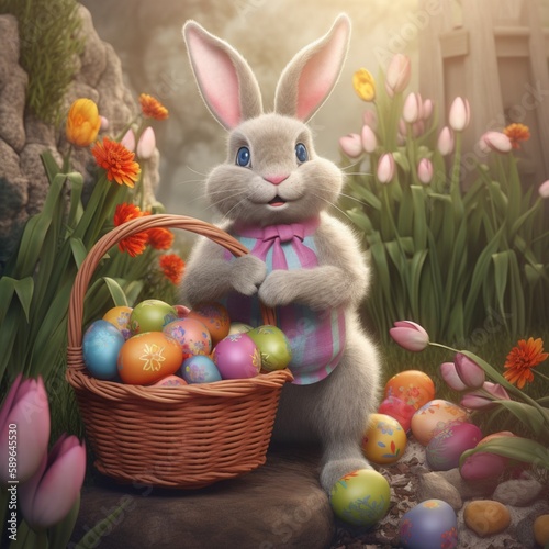 Easter egg-citement with the playful rabbit and his basket of goodies  Generative AI