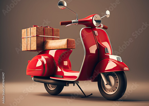Scooter express delivery service. Red motor bike with delivery bag  generative ai