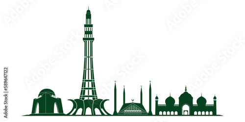 Pakistan skyline and landmarks silhouette, vector illustration. stock illustration