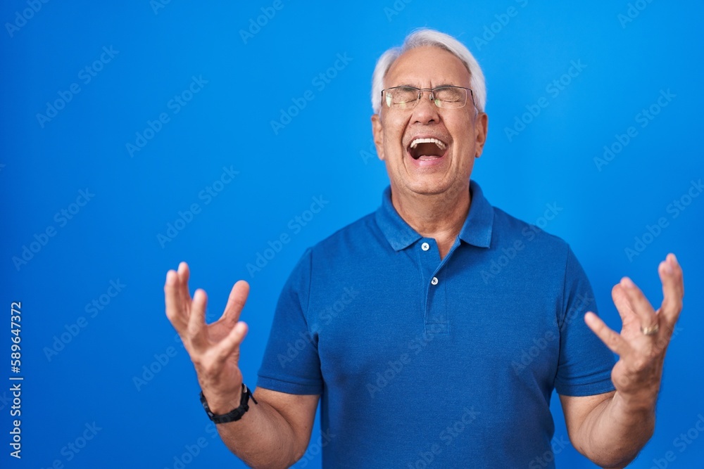 Middle age man with grey hair standing over blue background celebrating mad and crazy for success with arms raised and closed eyes screaming excited. winner concept Middle age man with grey hair standing over blue background celebrating mad and crazy for success with arms raised and closed eyes screaming excited. winner concept