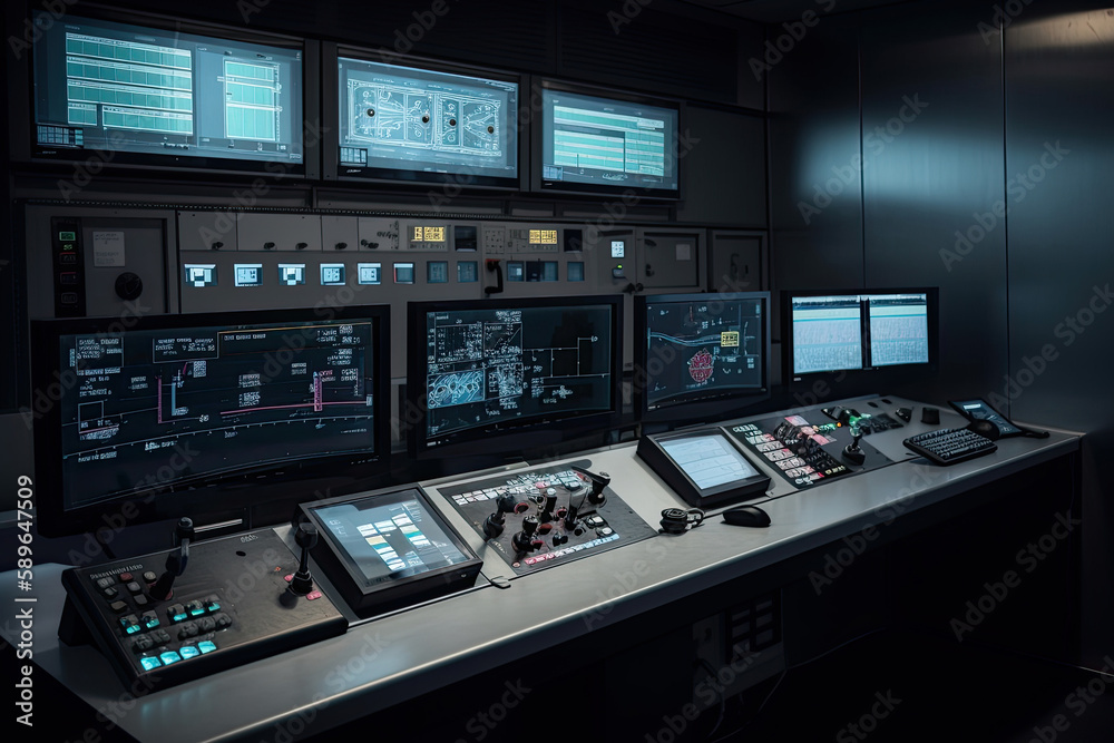 Central control panel. Operator workplace with a lot of screens and buttons for monitoring technology process at production line. Created with Generative AI Central control panel. Operator workplace with a lot of screens and buttons for monitoring technology process at production line. Created with Generative AI