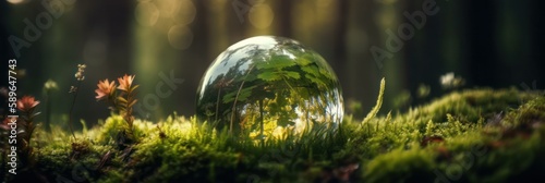 Environment concept, a crystal ball lies on a moss in the forest, reflection of the forest. concept and theme of nature, environmental protection. relaxation. glass material. Generative AI