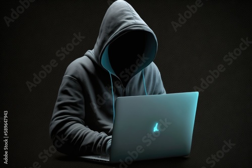 Hooded hacker stealing information on a laptop. Dark background