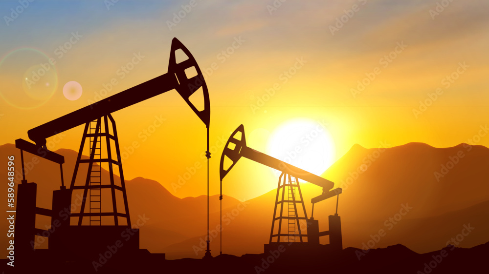 Silhouette of Oil pump. Industrial machine for petroleum on background of sunset. EPS10 vector Silhouette of Oil pump. Industrial machine for petroleum on background of sunset. EPS10 vector