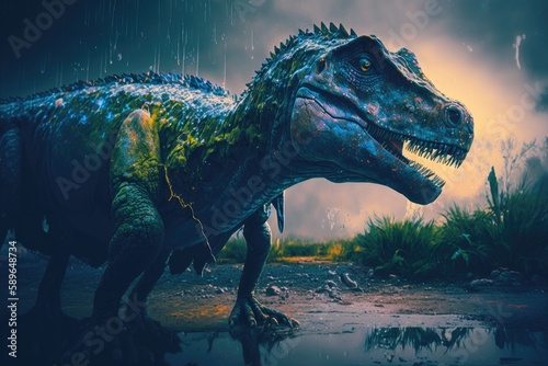 Photo Gorgosaurus Colorful Dangerous Dinosaur in Lush Prehistoric Nature by Generative