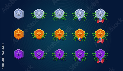Metallic stars badges with laurel set. Silver, gold and magic. Perfect for games achievements.