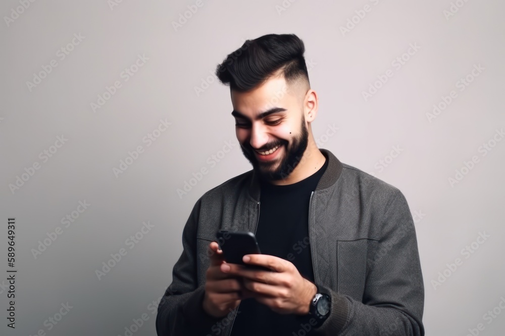 Young handsome man with backpack holding smart phone on white background, Smiling student going on a travel