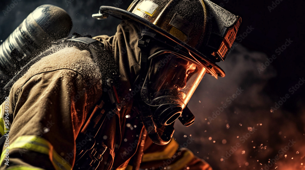 Close-up of a firefighter's hose putting out fire. Copy space. Generative IA.4