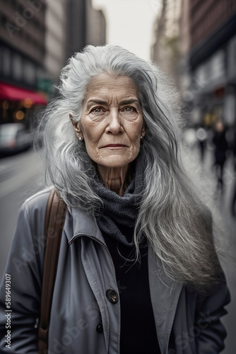Generative AI illustration of beautiful 60 year old woman with gray hair on the streets of New York.