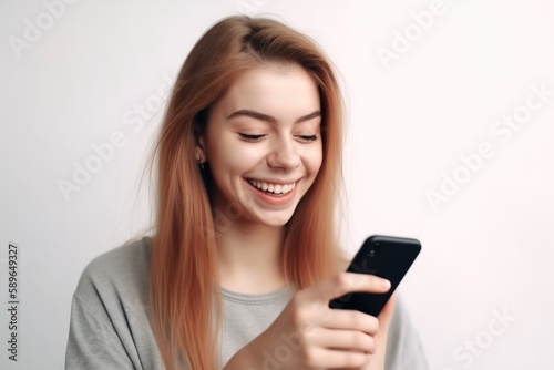 Young beautiful woman with backpack holding smart phone on white background, Smiling student going on a travel © Eli Berr