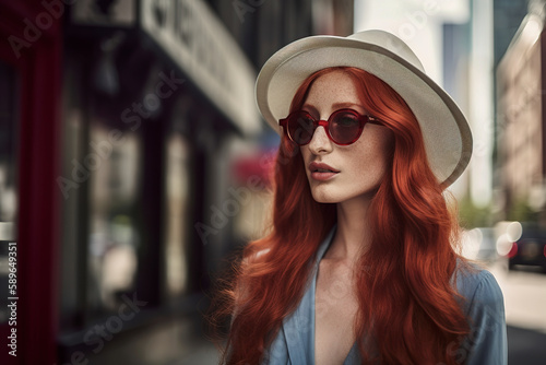 Beautiful red-haired girl in her 20s in a hat and sunglasses in a fashionable dress on the streets of new york in sunlight