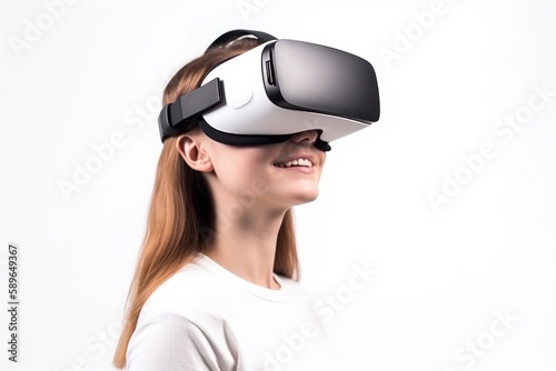 Young beautiful woman using virtual reality headset on white background, VR, future, gadgets, technology concept