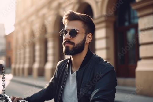 Young handsome man with bike in a city, Smiling student man with bicycle smiling outdoor, Modern healthy lifestyle, travel, casual business concept