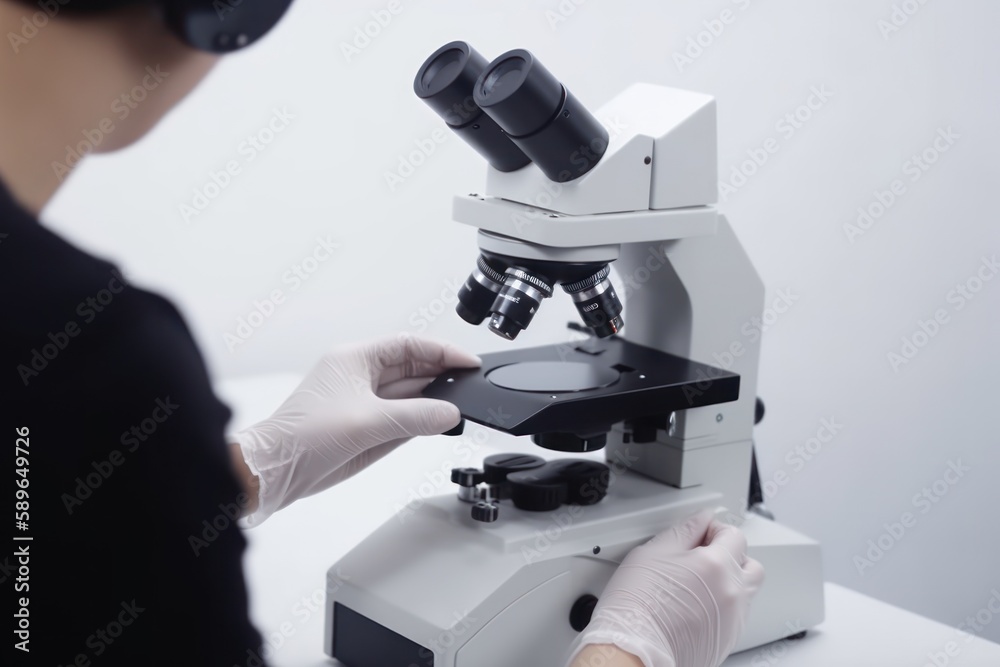 Medical laboratory scientist hands using microscope for examining Medical laboratory scientist hands using microscope for examining