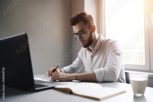 Young man using laptop computer with blank empty mockup screen. Business man working at office. Freelance, student lifestyle, e-learning, shopping online, web site, technology concept